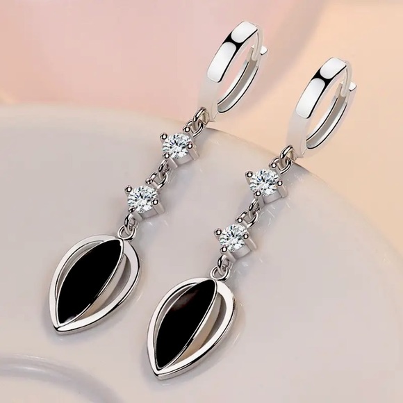 Sterling Silver Long Drop Earrings Black Enamel - Picture 1 of 3